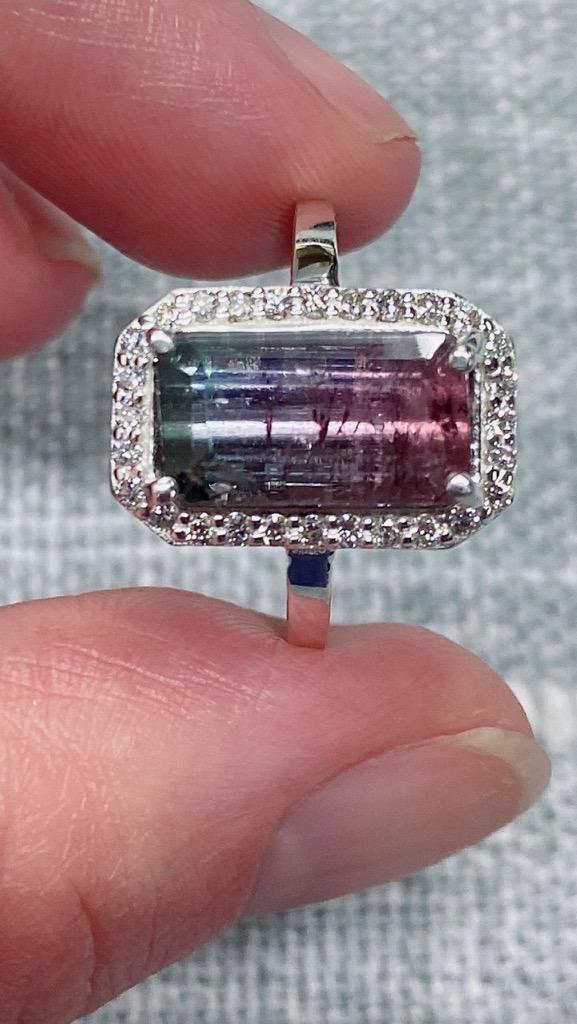 Genuine Bi Color Tourmaline and Diamond Engagement Ring