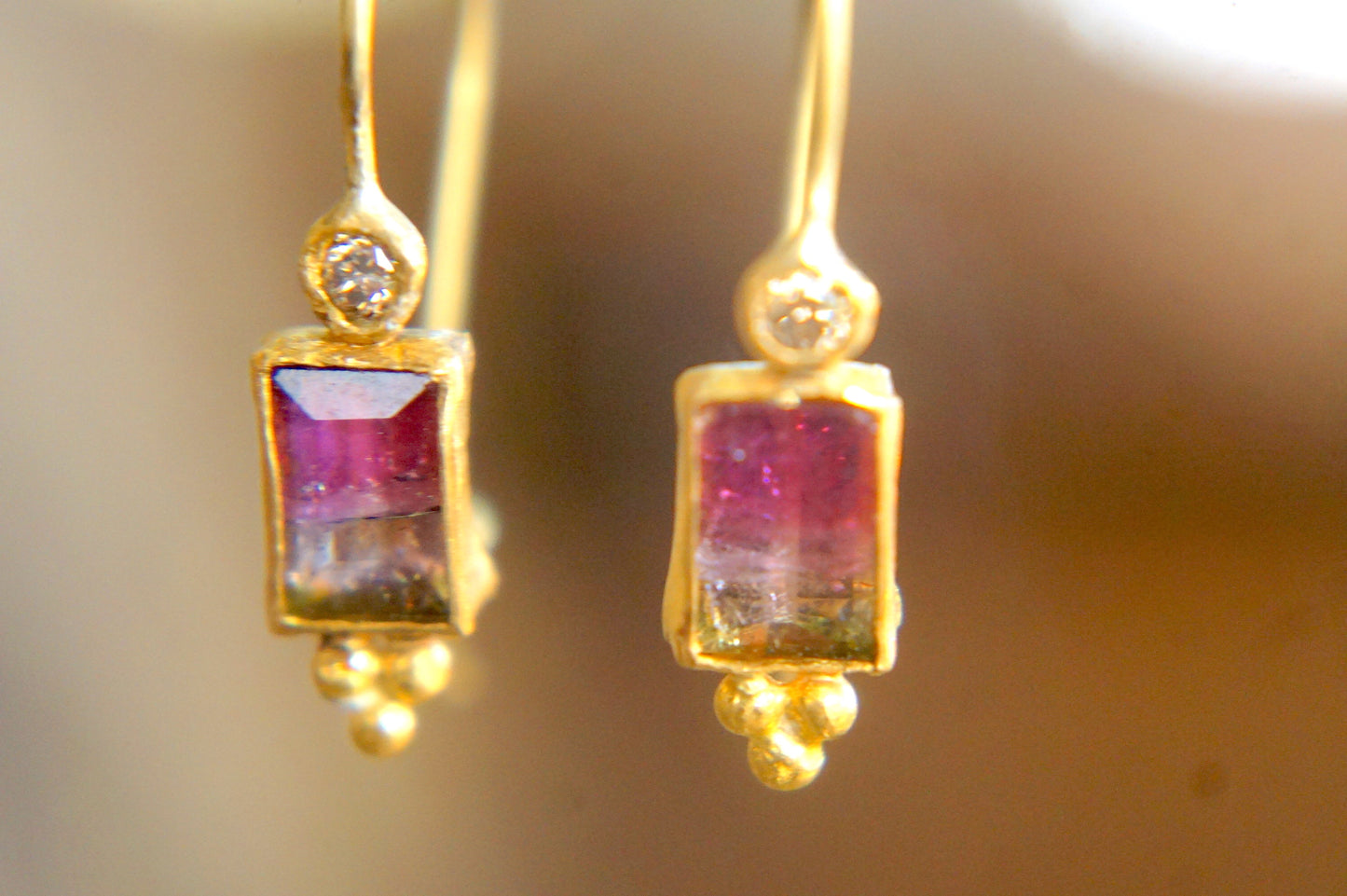 22 Kt Israeli Designed, Diamond and Watermelon Tourmaline Earrings