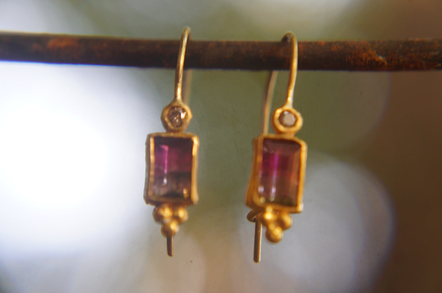 22 Kt Israeli Designed, Diamond and Watermelon Tourmaline Earrings