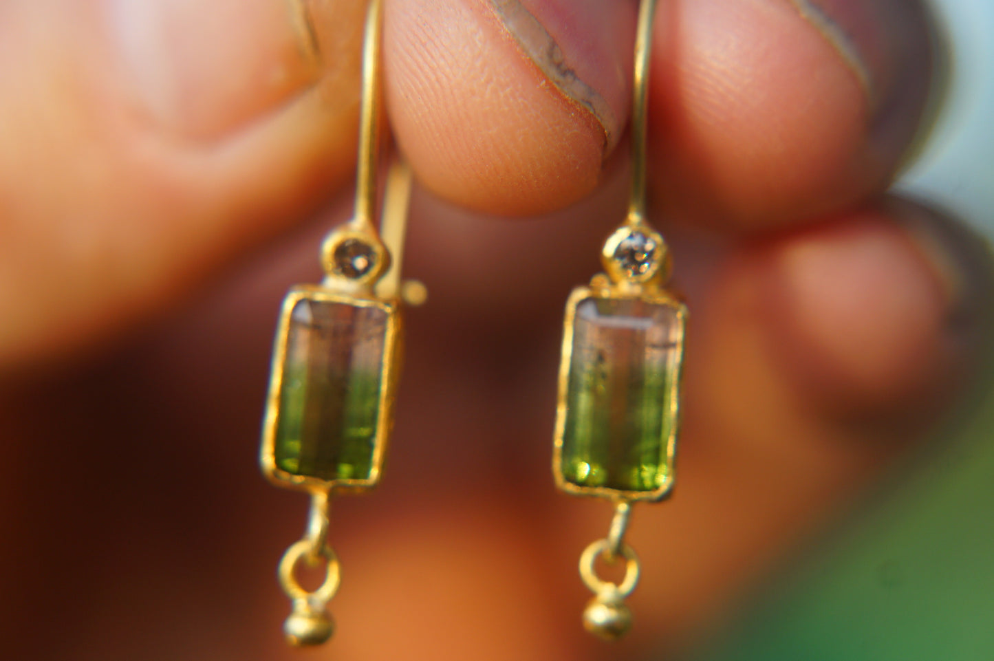 22 Kt Israeli Designed Watermelon, Diamond Tourmaline Earrings