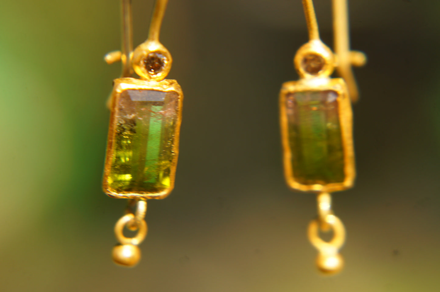 22 Kt Israeli Designed Watermelon, Diamond Tourmaline Earrings