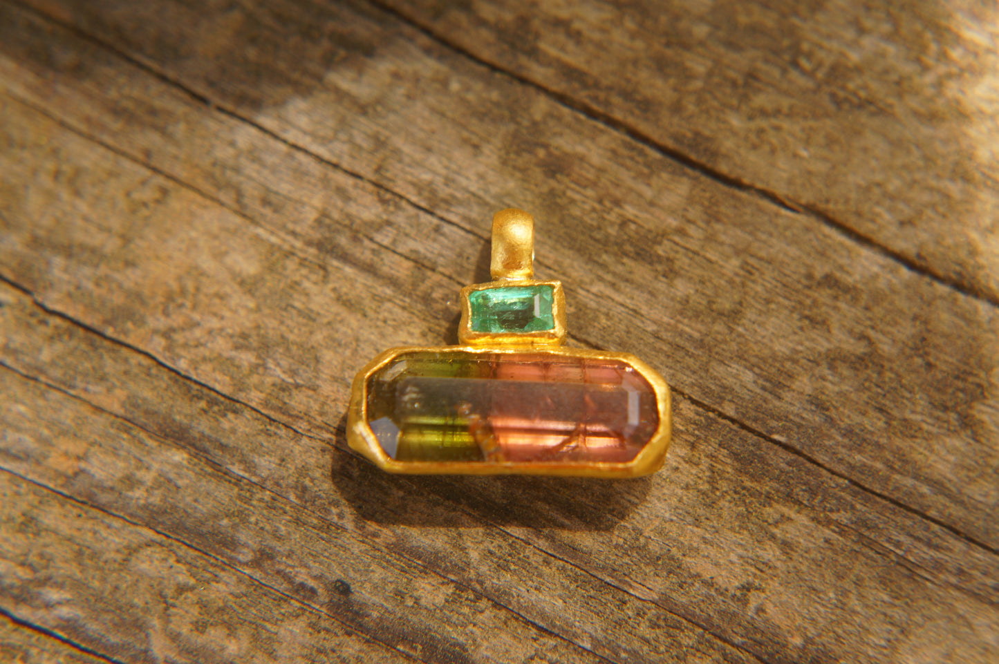 22 Kt Israeli Designed, Emerald and Watermelon Bi Color Tourmaline Pendant