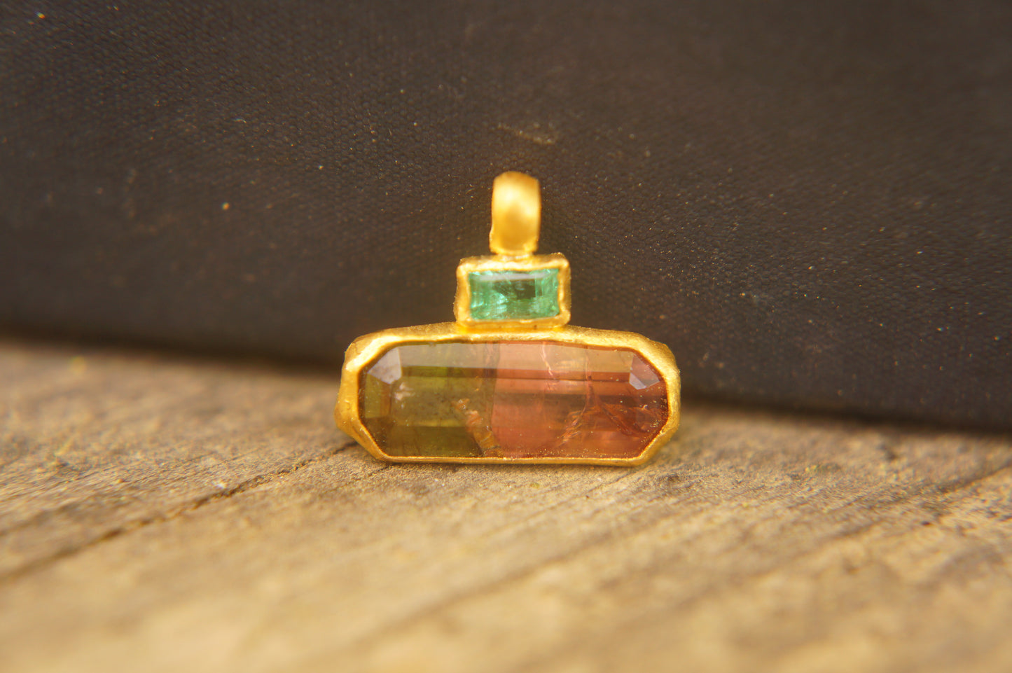 22 Kt Israeli Designed, Emerald and Watermelon Bi Color Tourmaline Pendant