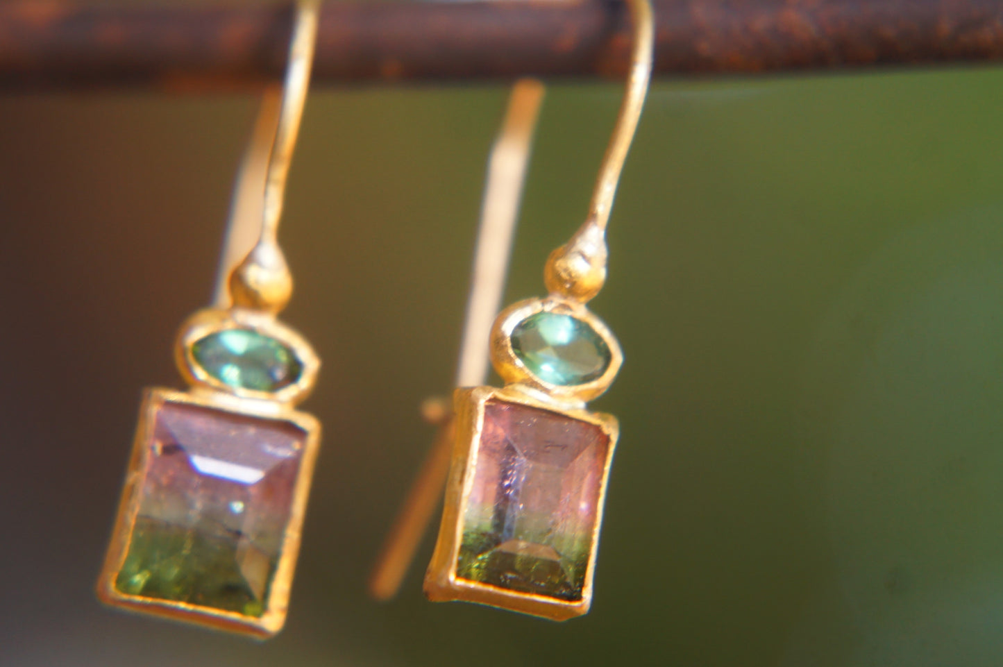 22 Kt Israeli Designed Watermelon & Chrome Green Tourmaline Earrings