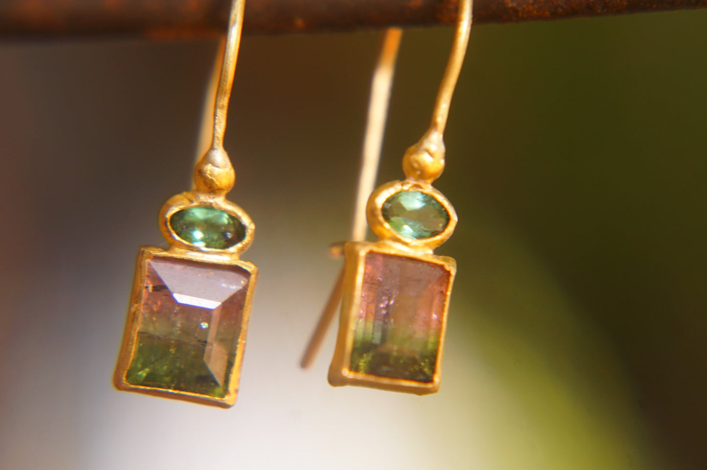 22 Kt Israeli Designed Watermelon & Chrome Green Tourmaline Earrings