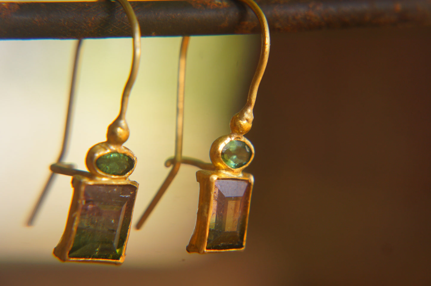 22 Kt Israeli Designed Watermelon & Chrome Green Tourmaline Earrings