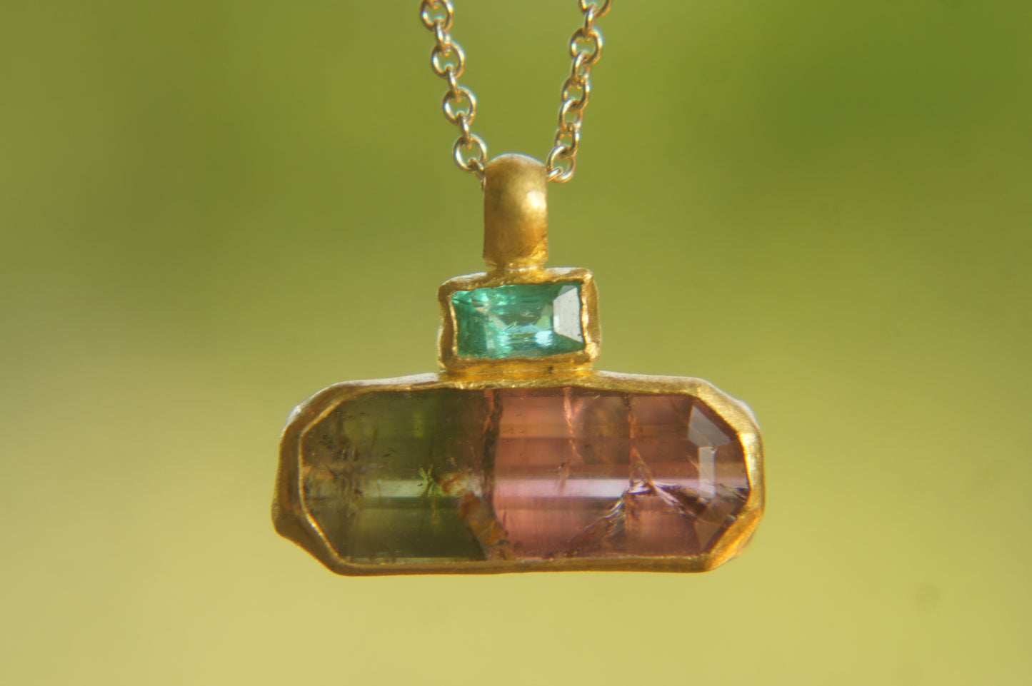 22 Kt Israeli Designed, Emerald and Watermelon Bi Color Tourmaline Pendant