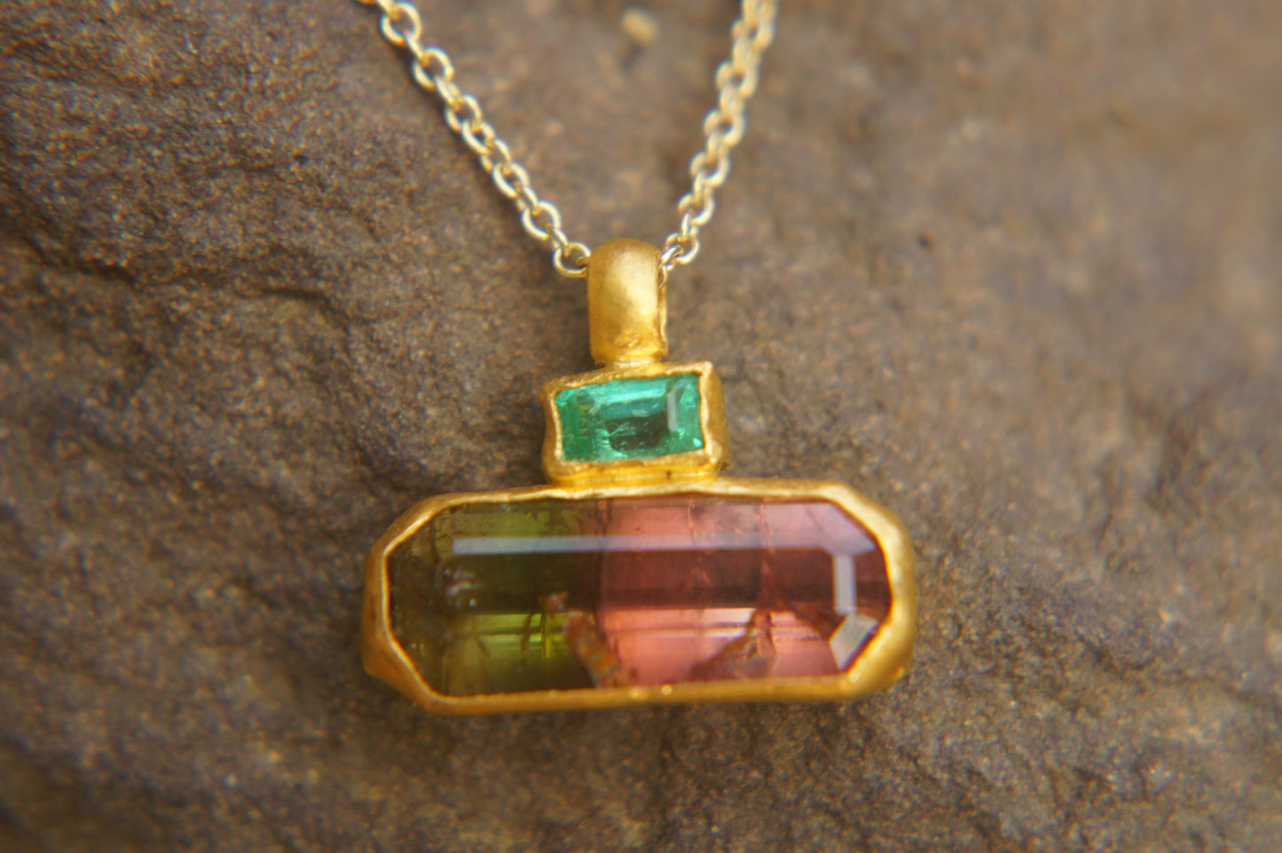 22 Kt Israeli Designed, Emerald and Watermelon Bi Color Tourmaline Pendant