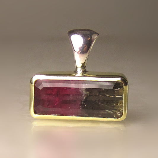 .999 Silver and 18 Kt Solid Gold Watermelon Tourmaline Pendant