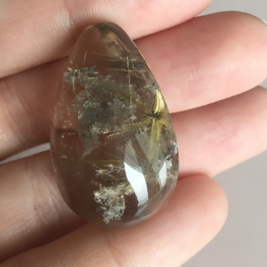 Large, 77.8 cts Clear Golden Rutilated Quartz Crystal Cab - Gold Rutile Quartz. 3349