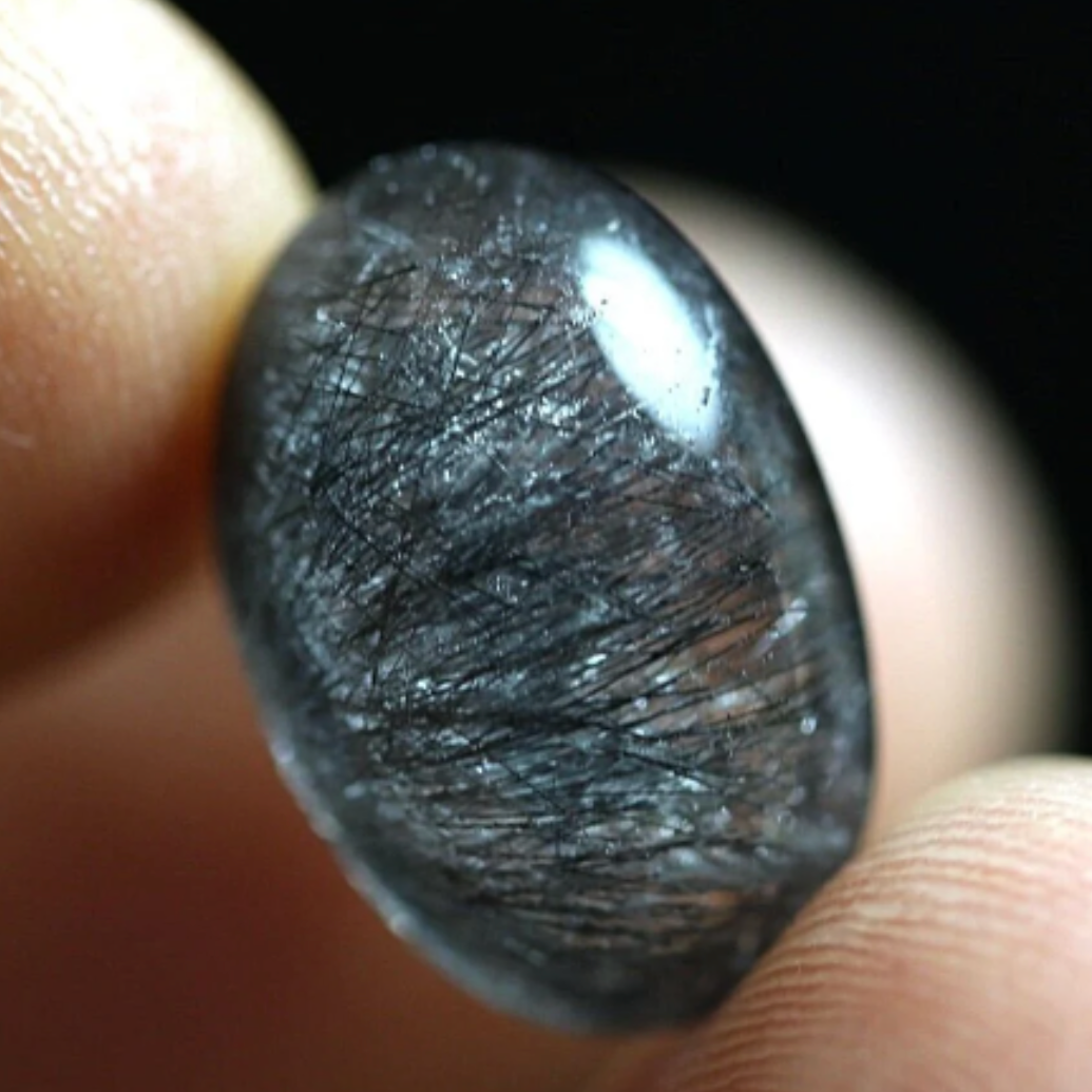 7.9 Cts NATURAL Clear black RUTILATED, Flat Backed Cab - Mannardite or, Lots of Goethite Filamanets, Black Rutile Quartzite.