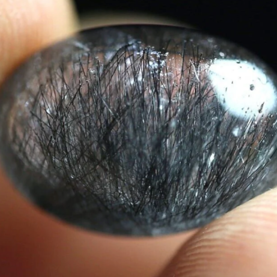 7.9 Cts NATURAL Clear black RUTILATED, Flat Backed Cab - Mannardite or, Lots of Goethite Filamanets, Black Rutile Quartzite.