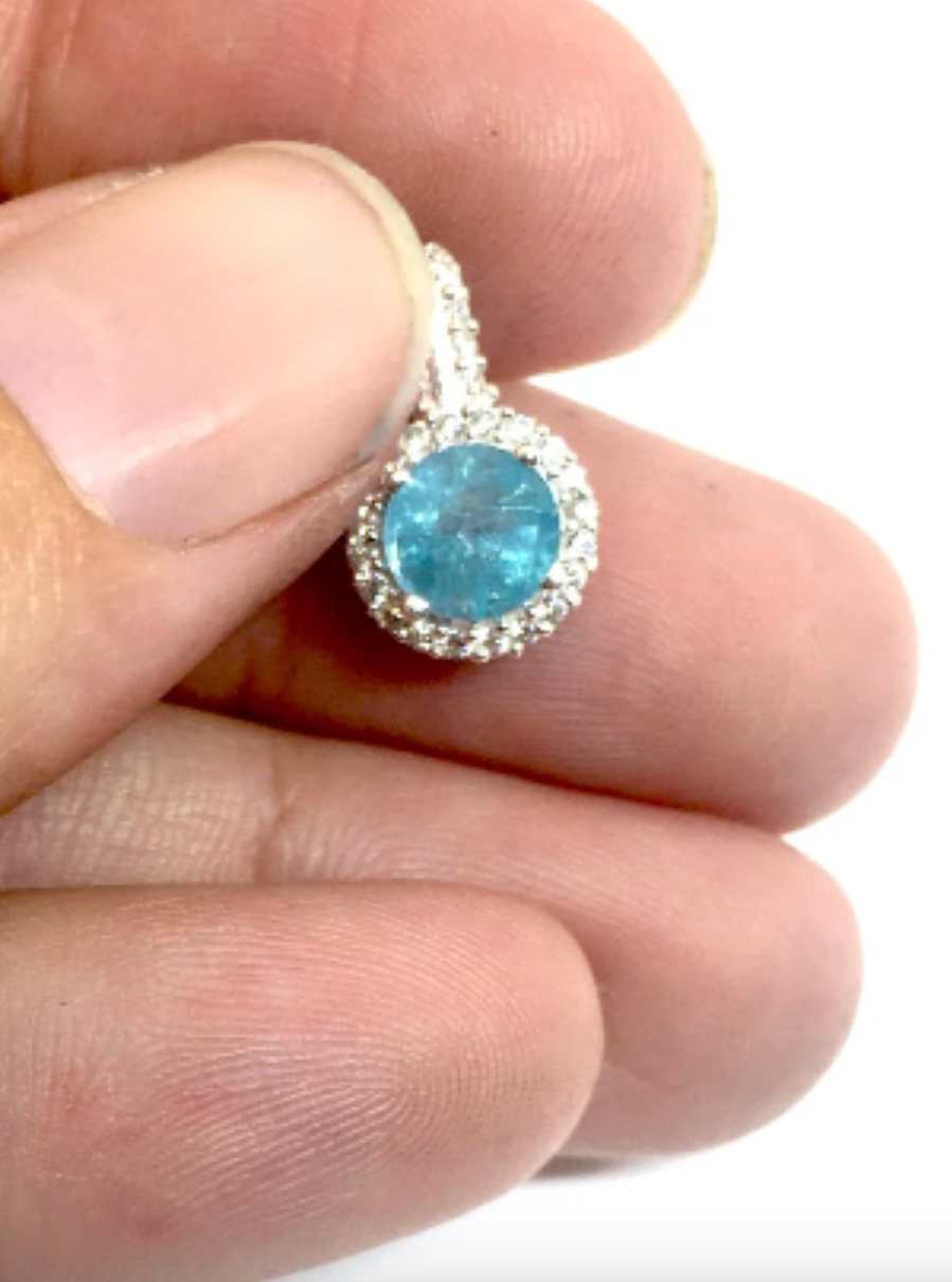 Faceted Blue Apatite Solid Sterling Silver Pendant. Earth Mined.