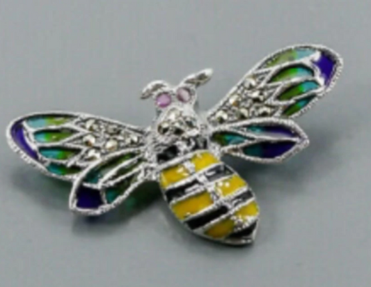 Solid Sterling Silver, Enamel Bee Pin Brooch with Genuine Ruby Eyes & Marsacasite Accent Stones