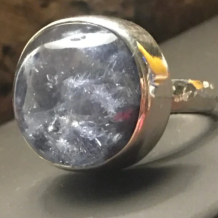 Dumortierite Specimen Ring - Periwinkle, Violet Blue Starbursts of Purple Inclusions in Water Clear Quartz Set in Sterling Silver. Size 7