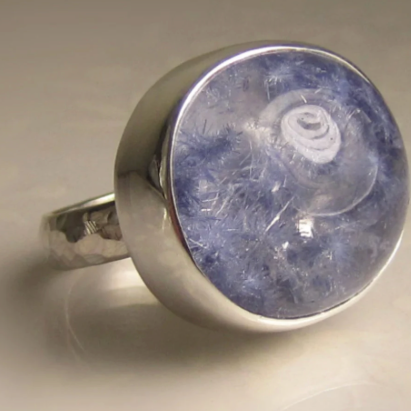 Dumortierite Specimen Ring - Periwinkle, Violet Blue Starbursts of Purple Inclusions in Water Clear Quartz Set in Sterling Silver. Size 7