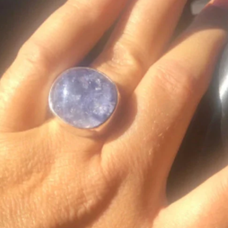 Dumortierite Specimen Ring - Periwinkle, Violet Blue Starbursts of Purple Inclusions in Water Clear Quartz Set in Sterling Silver. Size 7