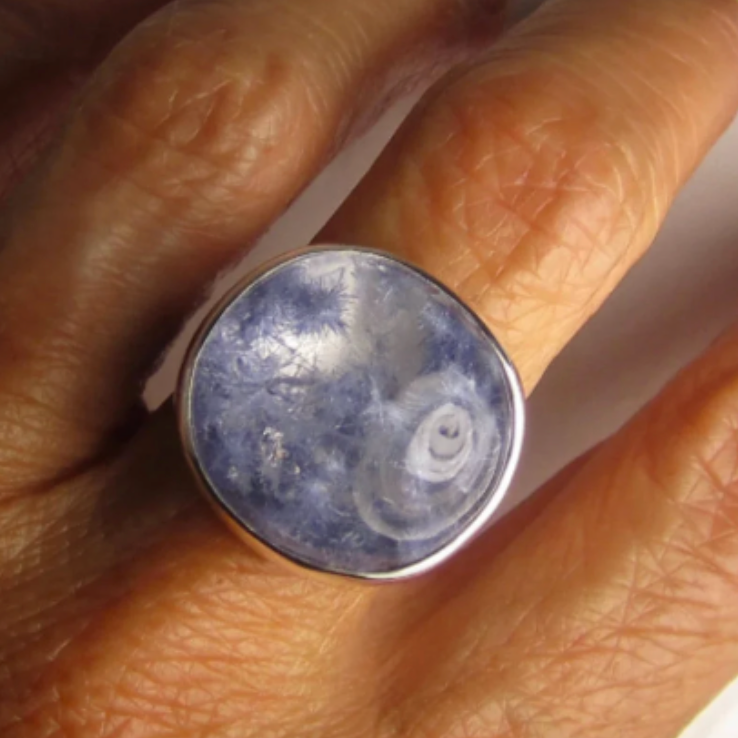 Dumortierite Specimen Ring - Periwinkle, Violet Blue Starbursts of Purple Inclusions in Water Clear Quartz Set in Sterling Silver. Size 7