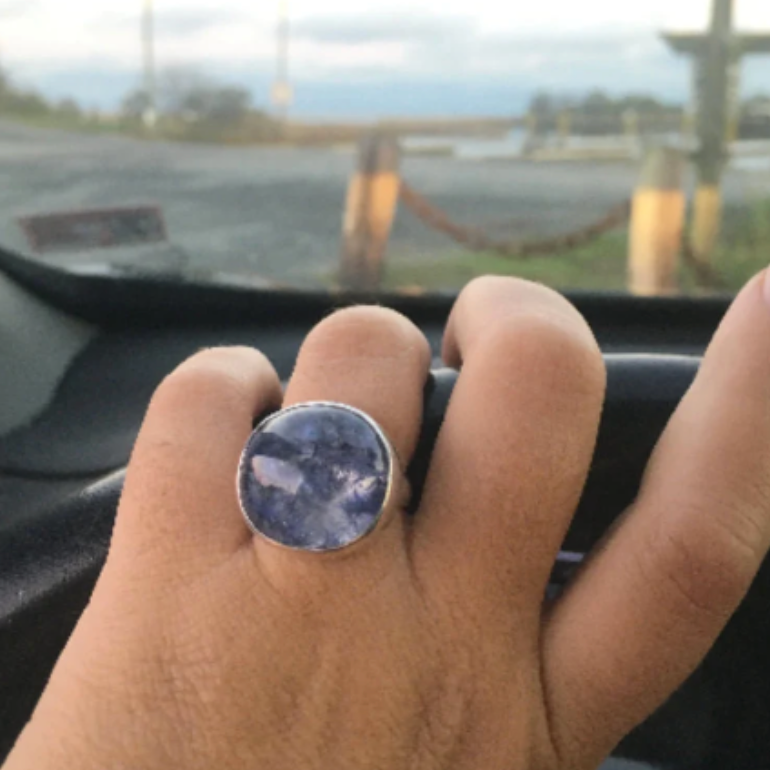 Dumortierite Specimen Ring - Periwinkle, Violet Blue Starbursts of Purple Inclusions in Water Clear Quartz Set in Sterling Silver. Size 7