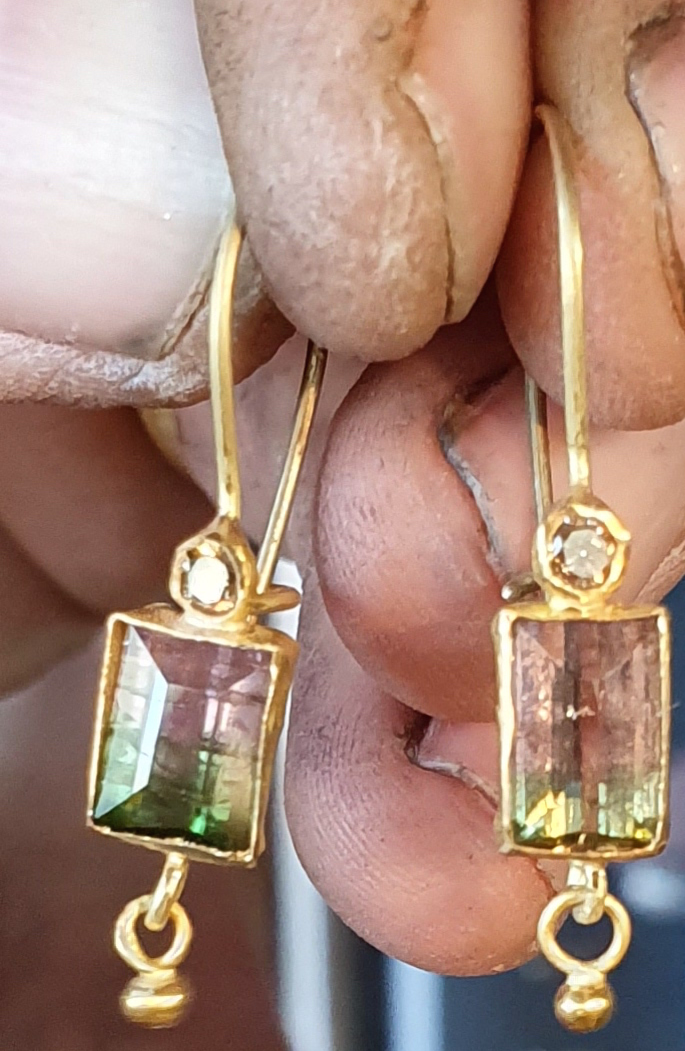 22 Kt Israeli Designed, Diamond and Watermelon Tourmaline Earrings