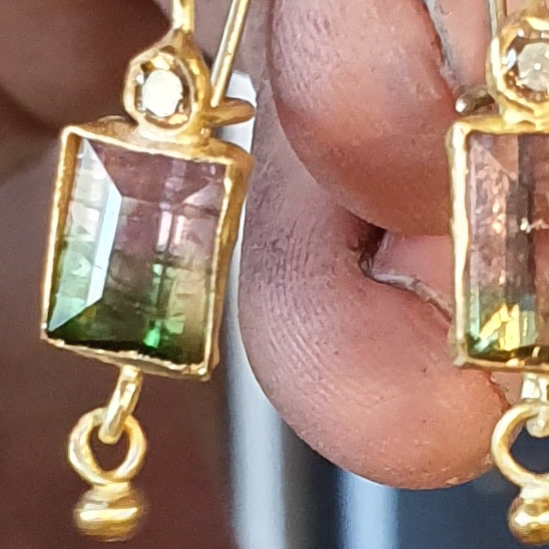 22 Kt Israeli Designed, Diamond and Watermelon Tourmaline Earrings