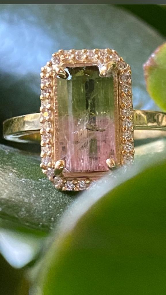 Genuine Bi Color, Watermelon Tourmaline and Diamond Engagement Ring