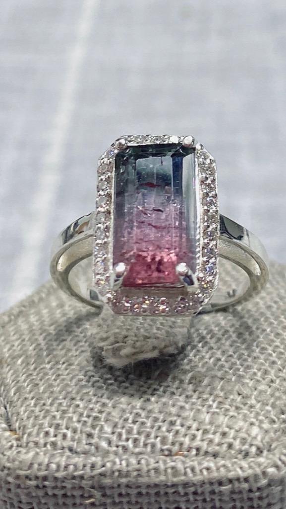 Genuine Bi Color Tourmaline and Diamond Engagement Ring