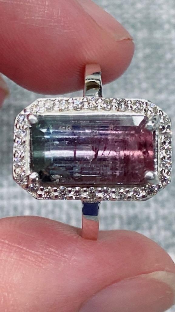 Genuine Bi Color Tourmaline and Diamond Engagement Ring