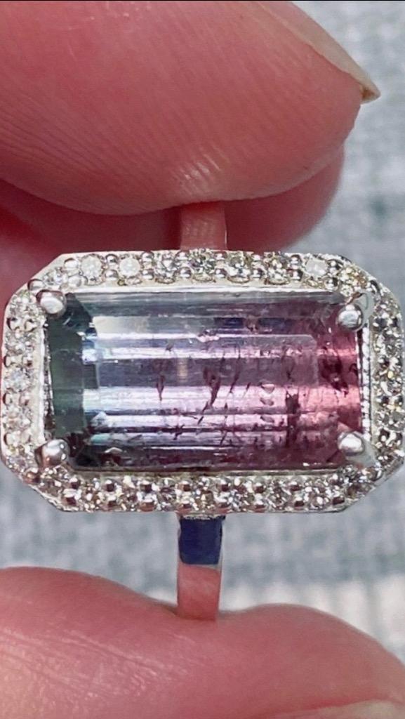 Genuine Bi Color Tourmaline and Diamond Engagement Ring