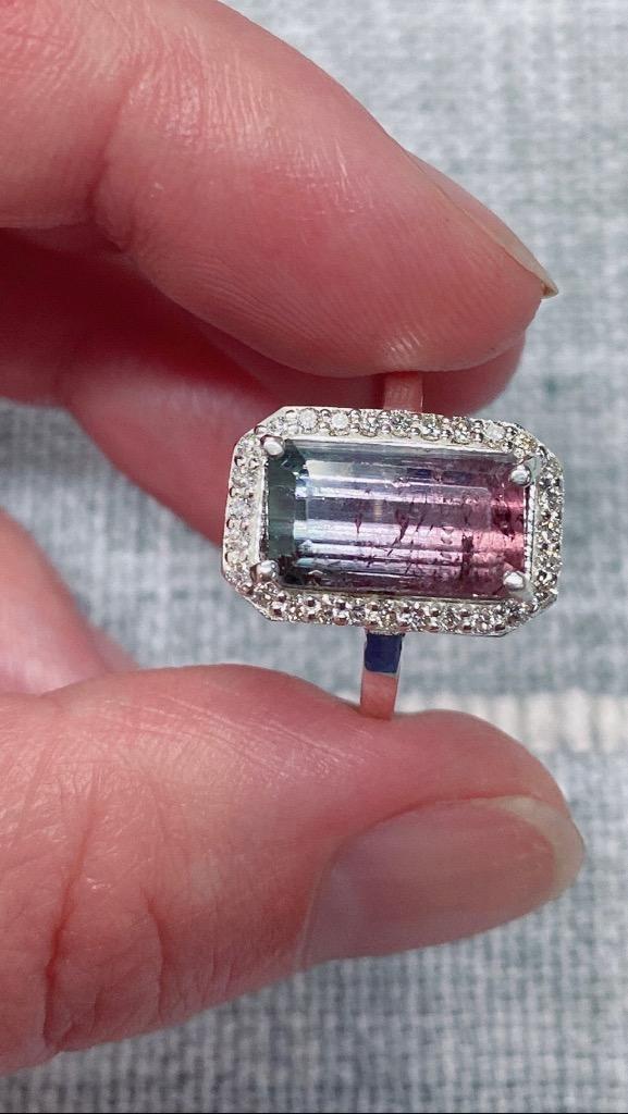 Genuine Bi Color Tourmaline and Diamond Engagement Ring