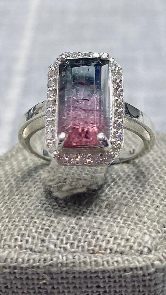 Genuine Bi Color Tourmaline and Diamond Engagement Ring