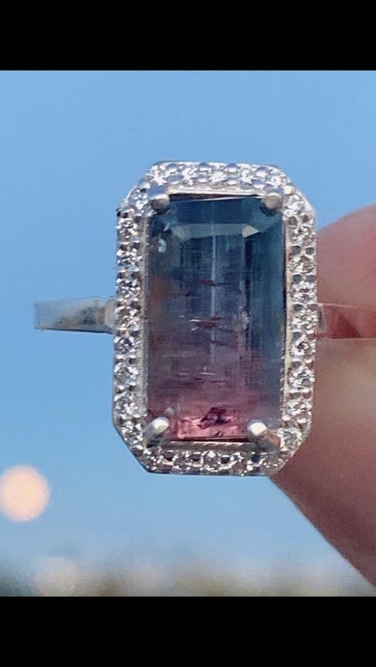 Genuine Bi Color Tourmaline and Diamond Engagement Ring